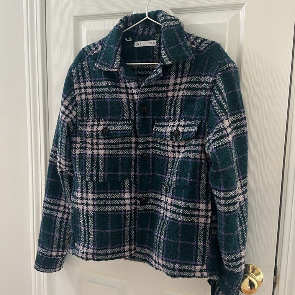 Zara Women's Tweed Lined Jacket Green Purple White Pockets NWOT size small